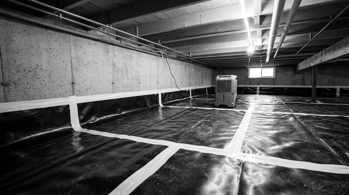 A clean and dry crawlspace in an Arlington home after a professional assessment and vapor barrier installation.