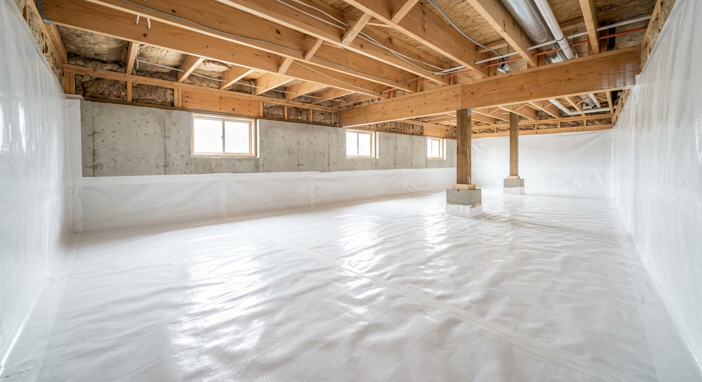 The clean, well-lit crawlspace of a home in Bellevue after a new vapor barrier installation.