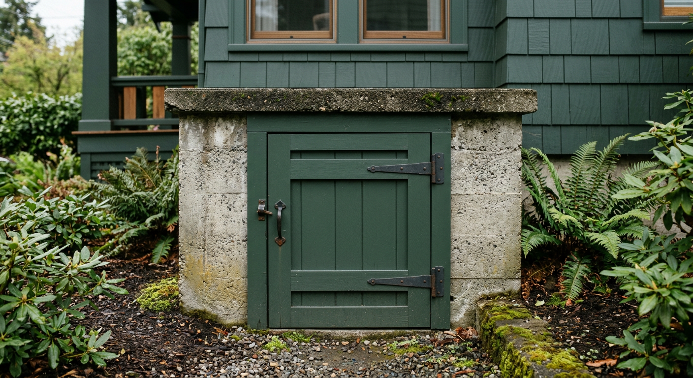 A clean, dark green crawlspace access door on the foundation of a home in Queen Anne, WA.