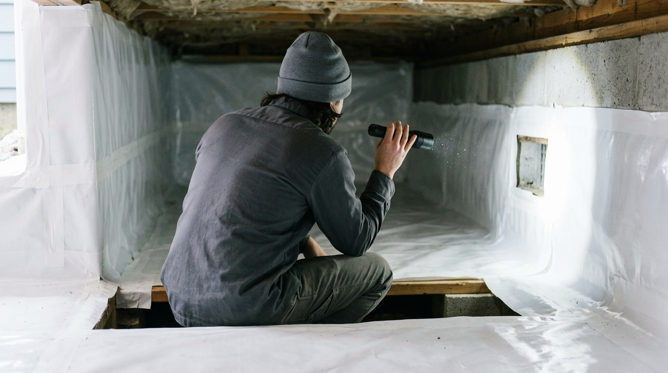 A House Spouse professional evaluating a clean crawlspace vapor barrier with a flashlight in an Issaquah home.