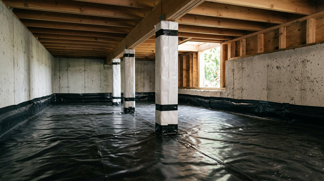 A clean, dry, and professionally encapsulated crawlspace in a Kenmore, WA home.