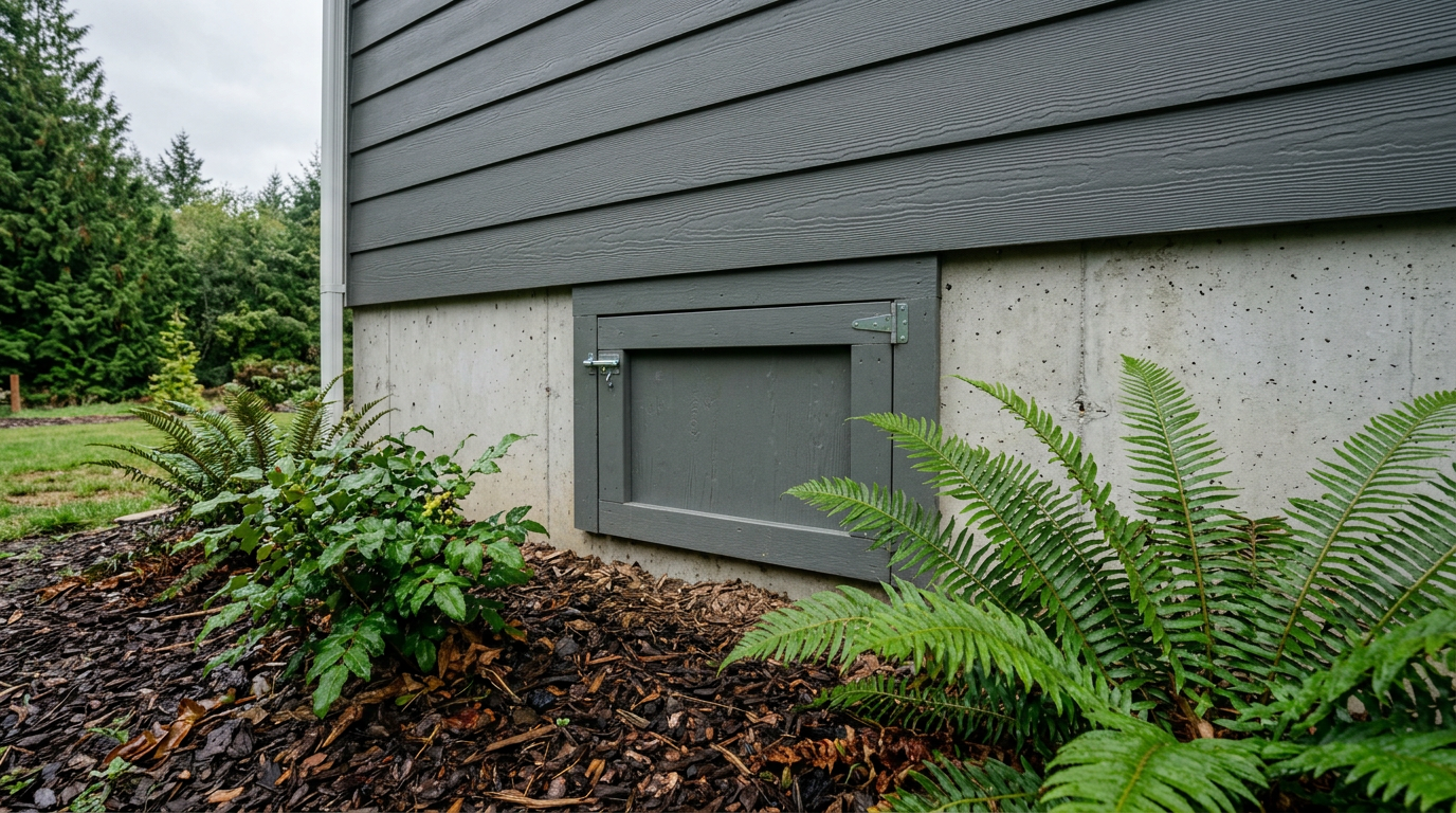 The crawlspace access door on a home foundation in Arlington, WA, highlighting the importance of crawlspace assessments.