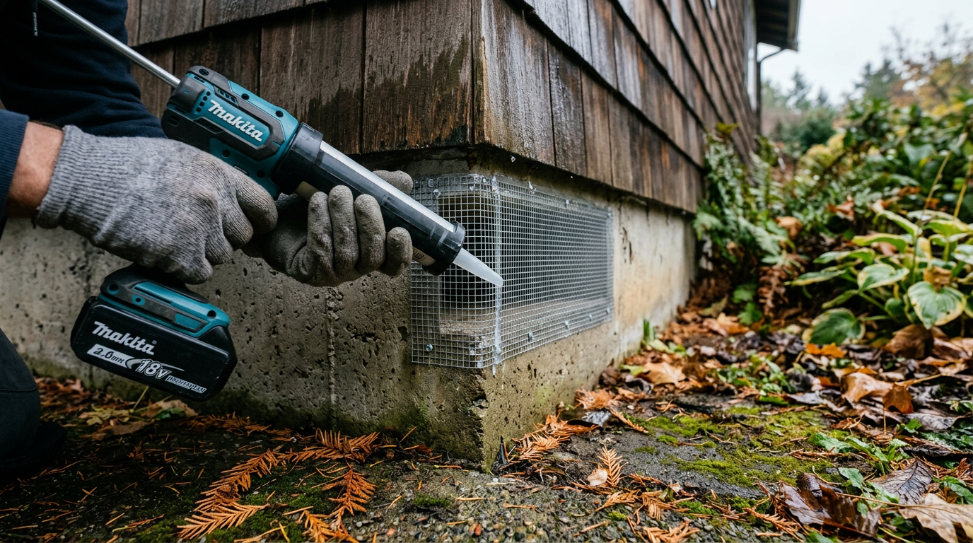 Contractor sealing foundation vent screen during fall crawlspace maintenance in Bellevue WA