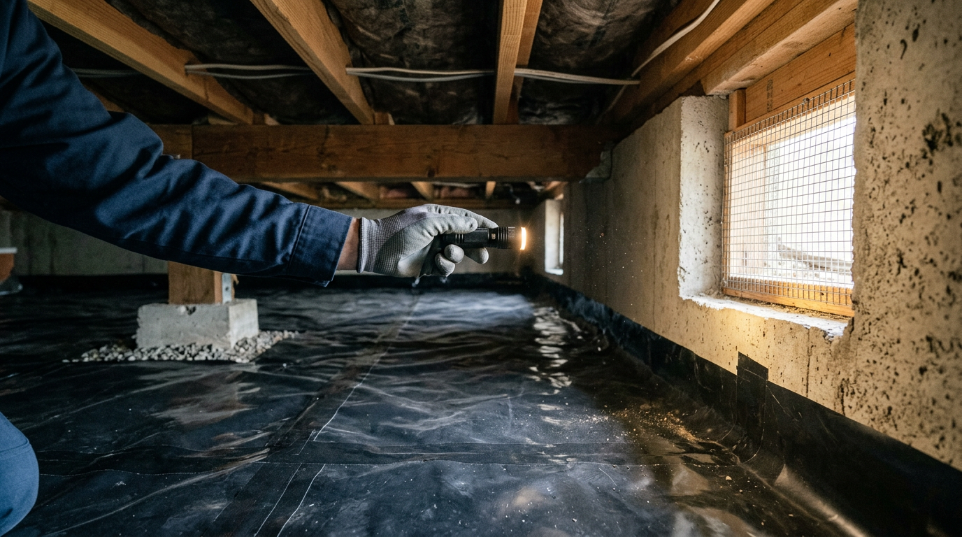 A professional crawlspace assessment in a Bellevue, WA home, with a clean vapor barrier and flashlight beam on a vent.