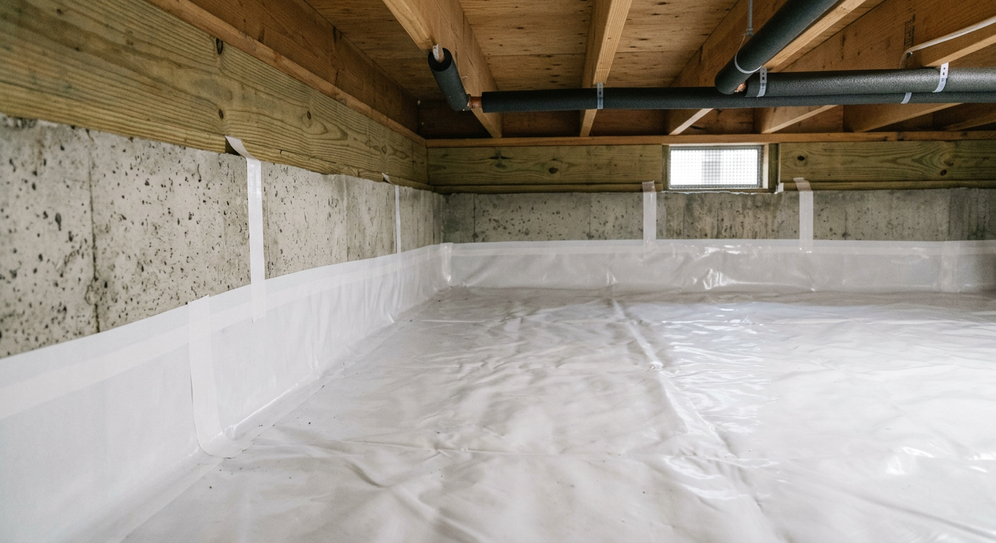 A clean crawlspace with a new white vapor barrier installed in a Kenmore, WA home.