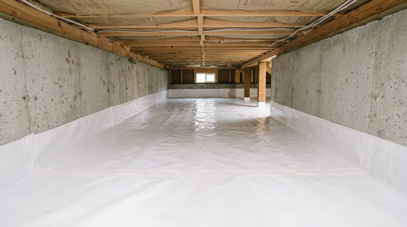 A clean, dry crawlspace in a Kenmore home after a professional vapor barrier installation.