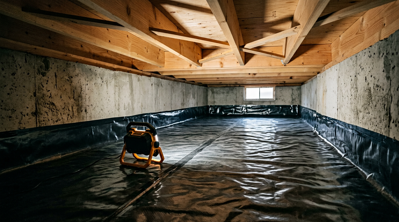 A clean, dry crawlspace in a Medina home after a professional assessment, showing a new vapor barrier.