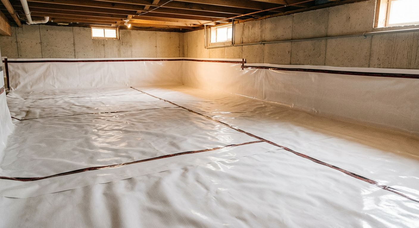 A clean and dry crawlspace in a Medina, WA home after a professional assessment and vapor barrier installation.