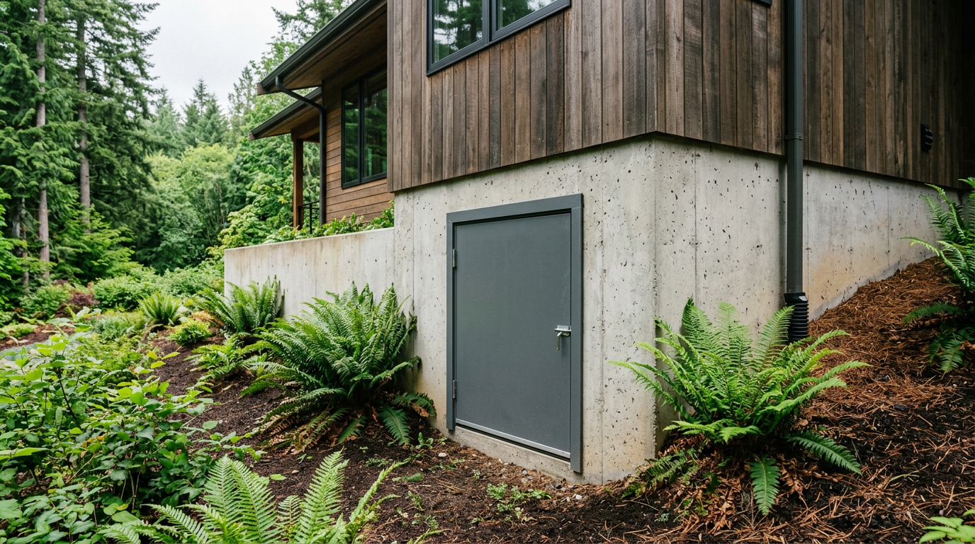 A clean and secure crawlspace access door on a home in Monroe, WA, ready for a professional assessment.