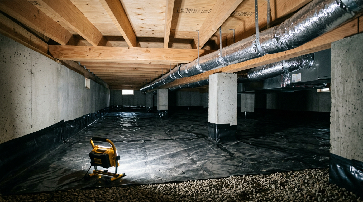 A clean crawlspace with a new vapor barrier after a professional assessment in Monroe, WA.