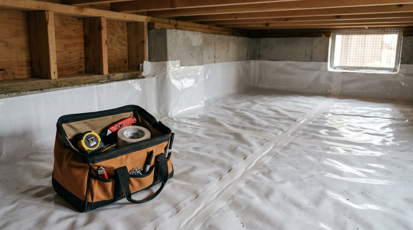 A clean and dry crawlspace in a Monroe home after a new vapor barrier installation.