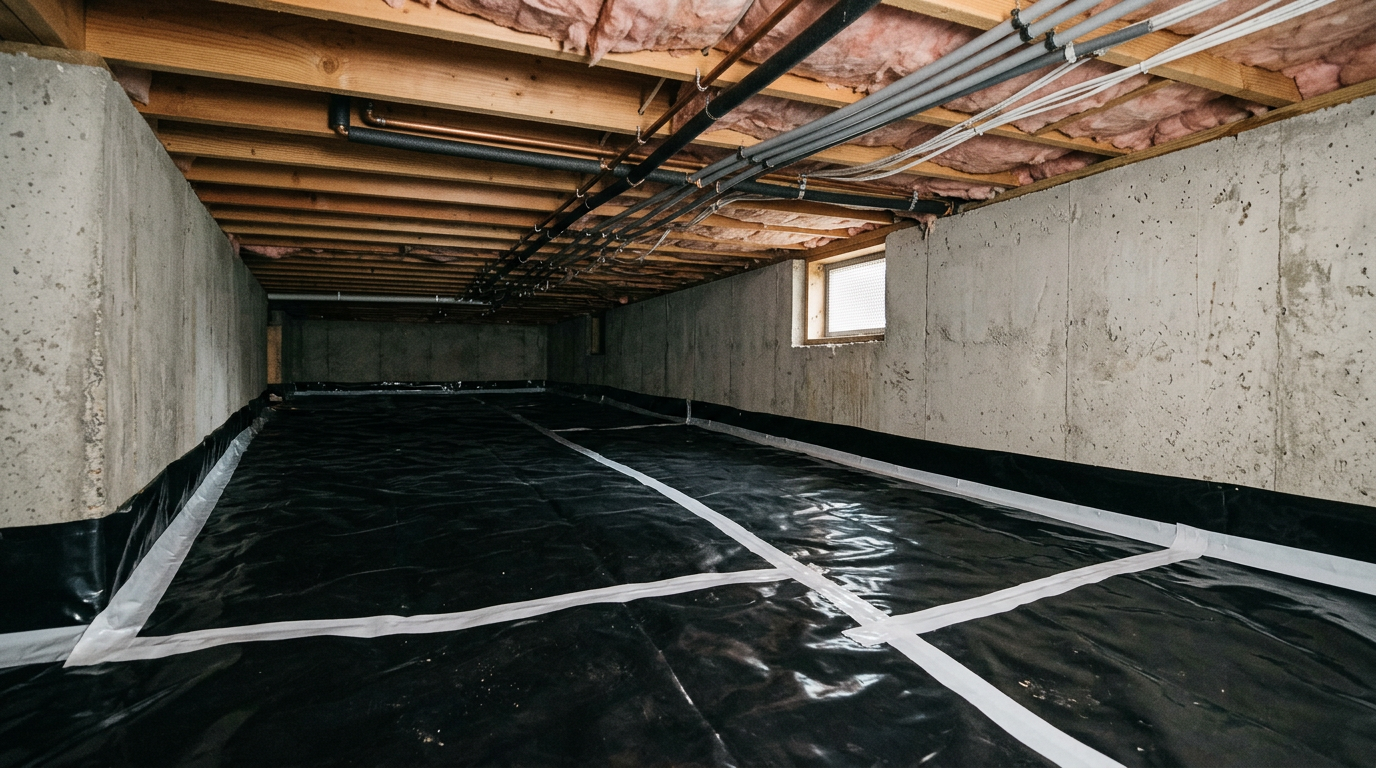 Clean and dry crawlspace in a Queen Anne home after a professional assessment and vapor barrier installation.