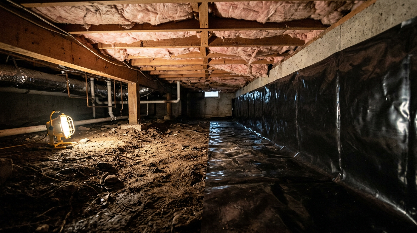 The inside of a crawlspace during a Home Health Assessment in Queen Anne, WA, showing a new vapor barrier being installed.
