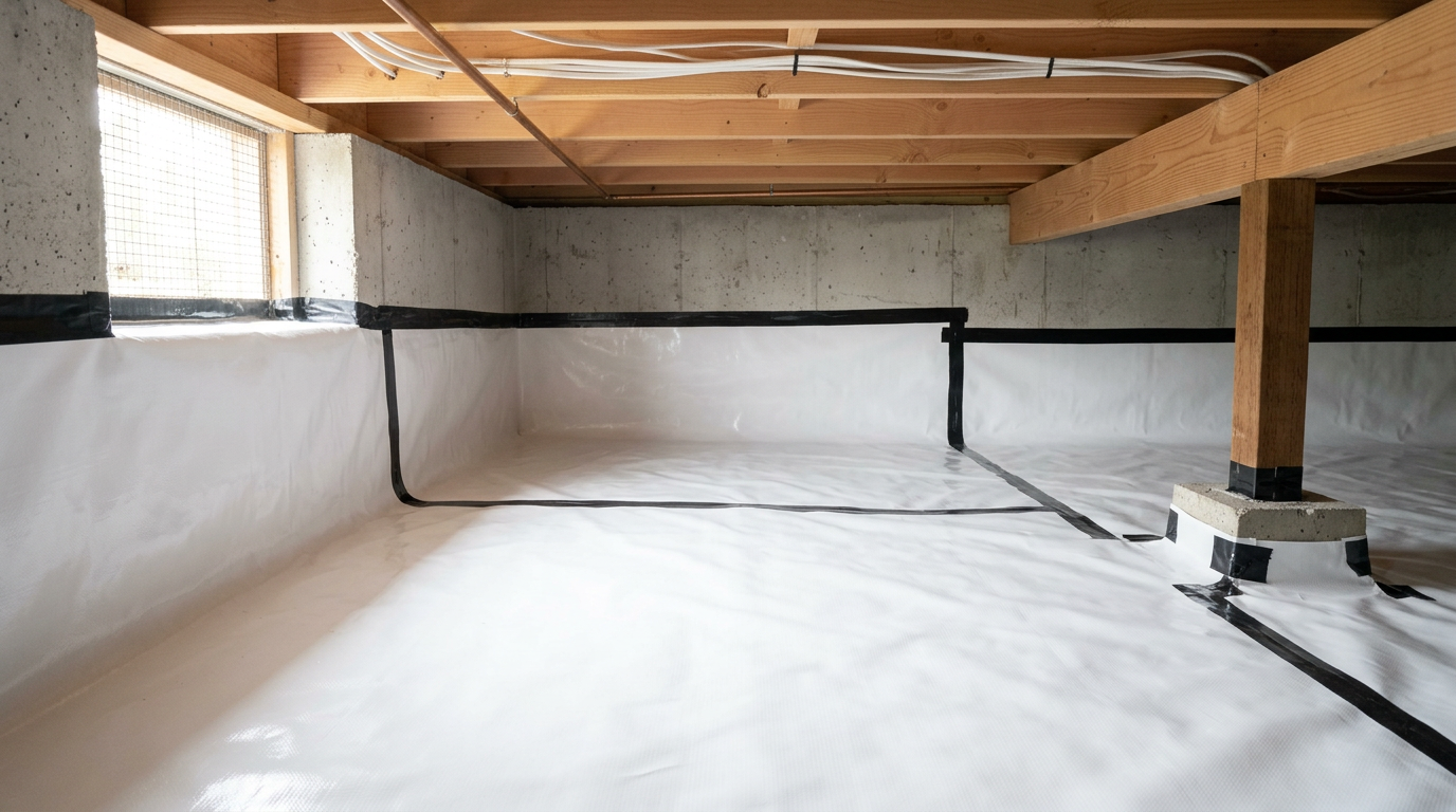 A clean and dry crawlspace in a Medina, WA home after a professional assessment and vapor barrier installation by House Spouse.