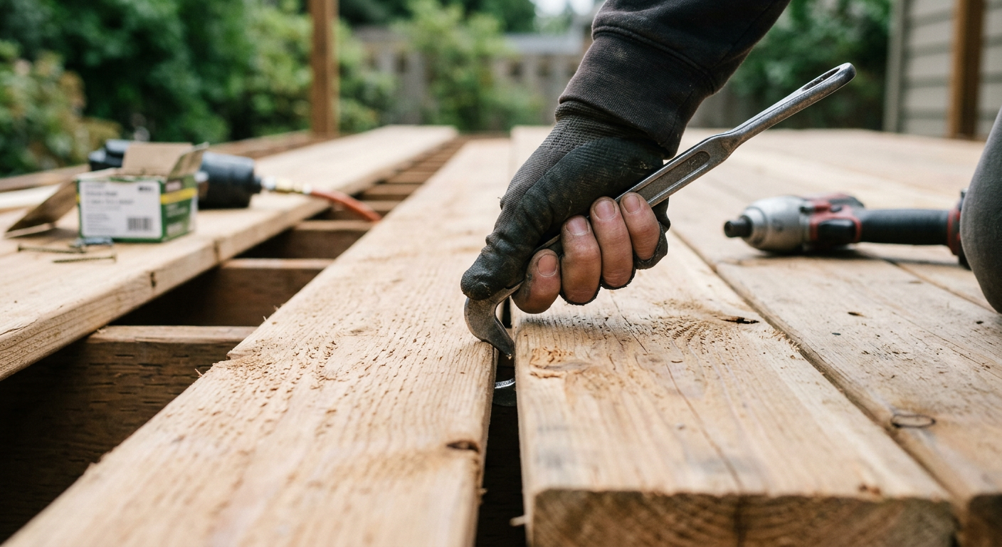 A handyman performs a deck repair on a cedar deck in Marysville, WA, getting it ready for the rainy season.