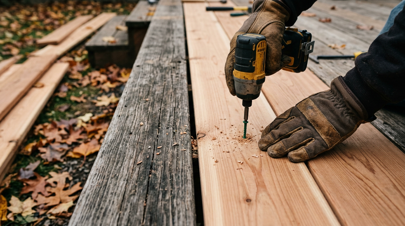 A House Spouse carpenter performing a deck repair on a home in Mountlake Terrace.
