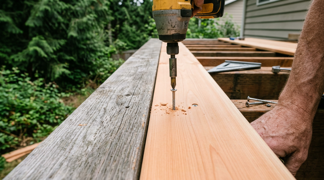 A carpenter installing a new cedar deck board during deck repairs on a home in Bothell, WA.