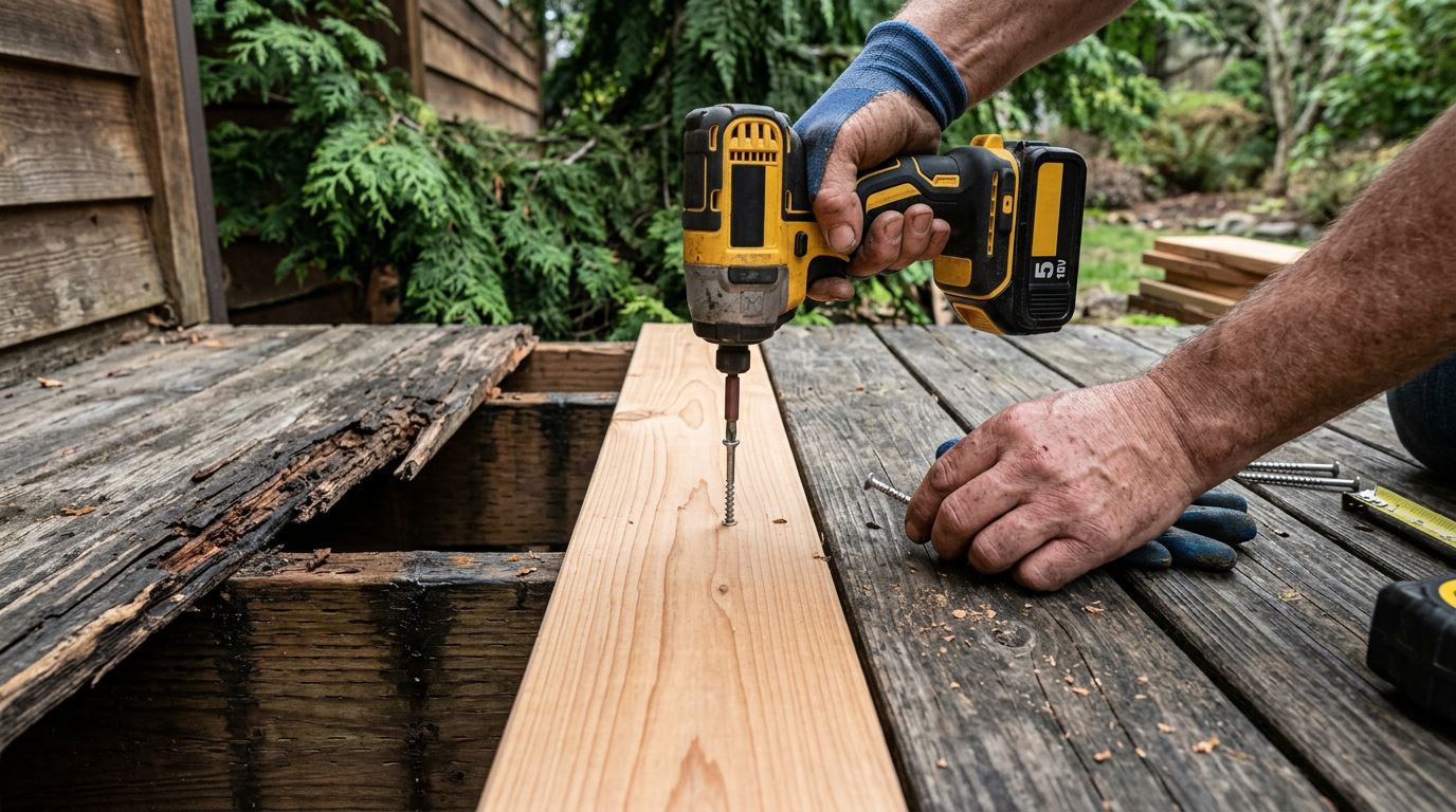 Contractor performing deck repairs on a Bothell home, replacing a rotted board.