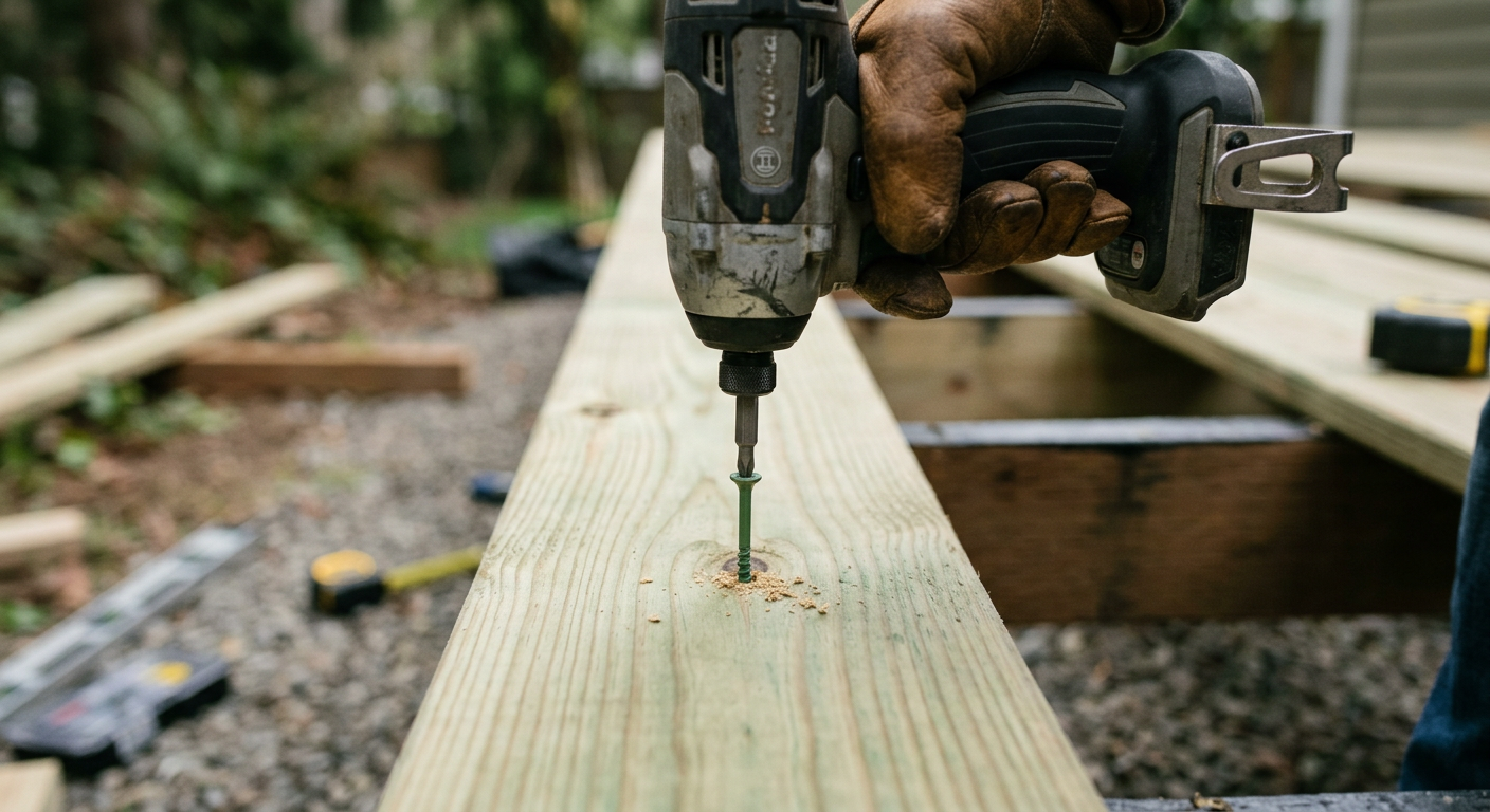 Close-up of a deck board being installed during a deck repair in Bothell, Washington.