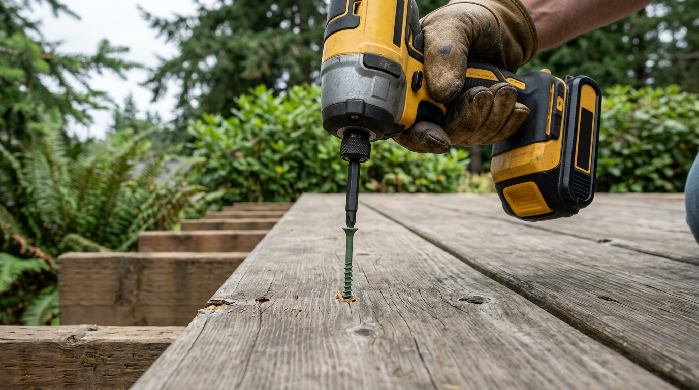 Close-up of a new deck screw being driven into a weathered wood deck board during professional deck repairs in Bothell, WA.