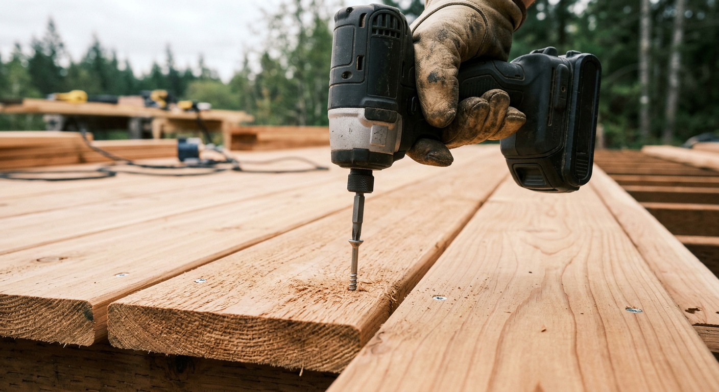 Close-up of a new cedar board being installed during deck repairs on a home in Issaquah, WA.