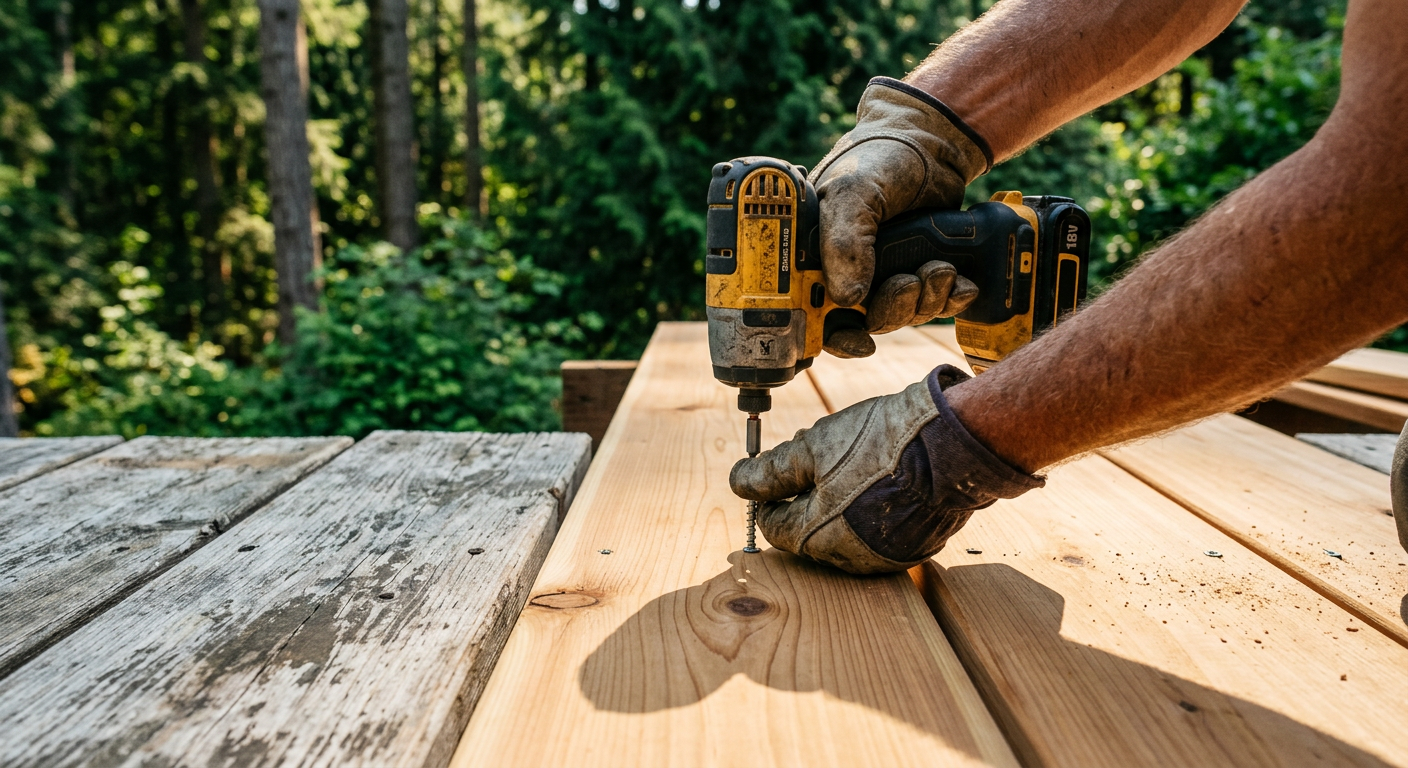 Close-up of a new cedar board being installed during a deck repair in Issaquah, WA.