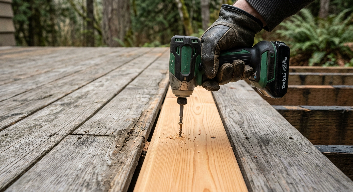 A handyman performing deck repairs on a cedar deck in Issaquah, WA, replacing a rotten board.