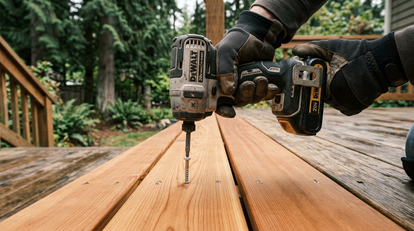 Close-up of a handyman performing deck repairs on a cedar deck in Issaquah, WA by replacing a board.