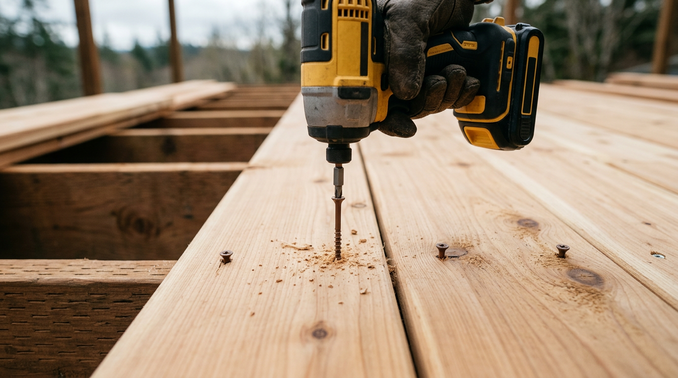 New cedar deck board being installed during deck repairs in Issaquah, WA.