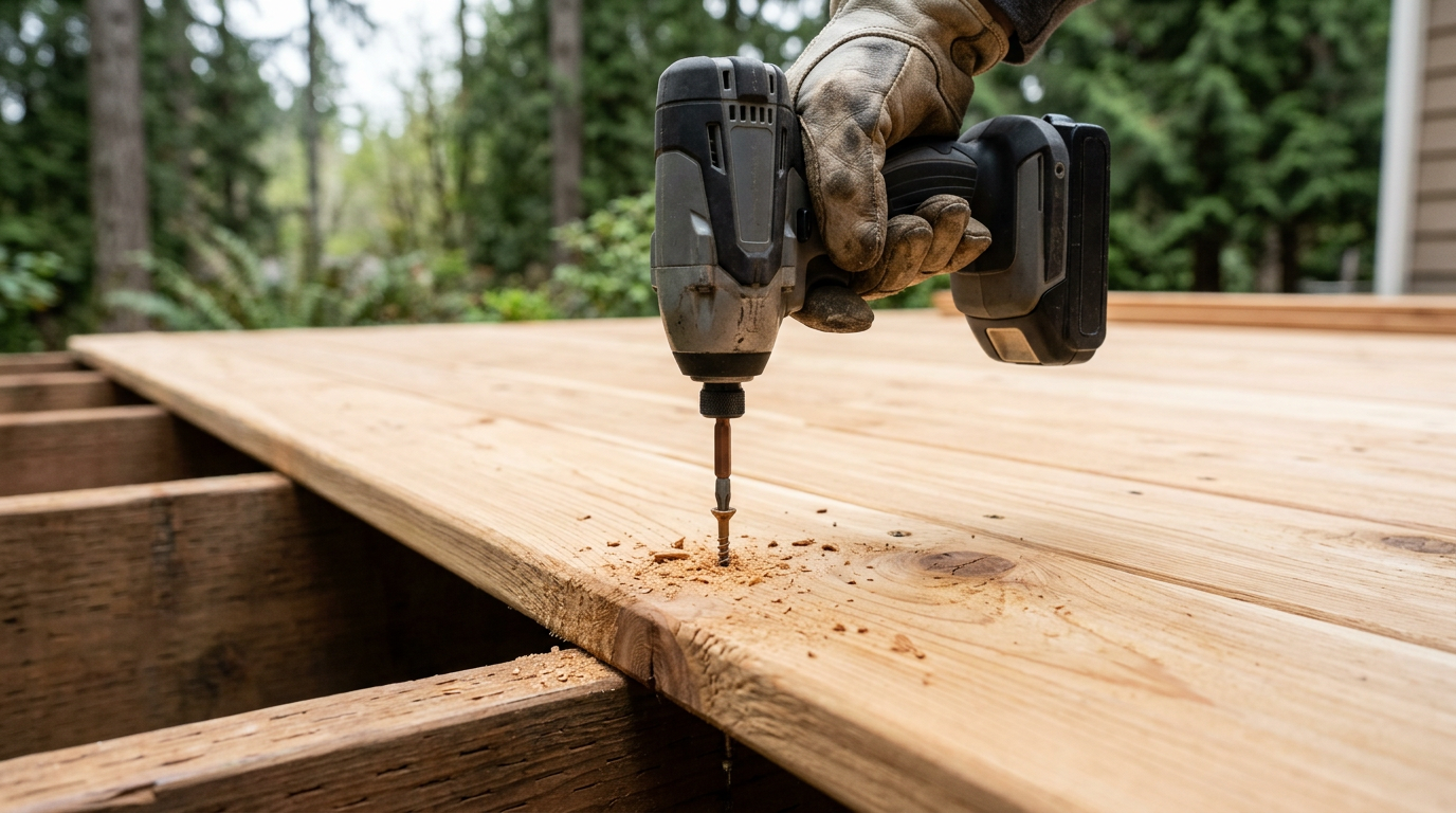 A handyman performing deck repairs on a cedar deck in Lake Forest Park, WA.