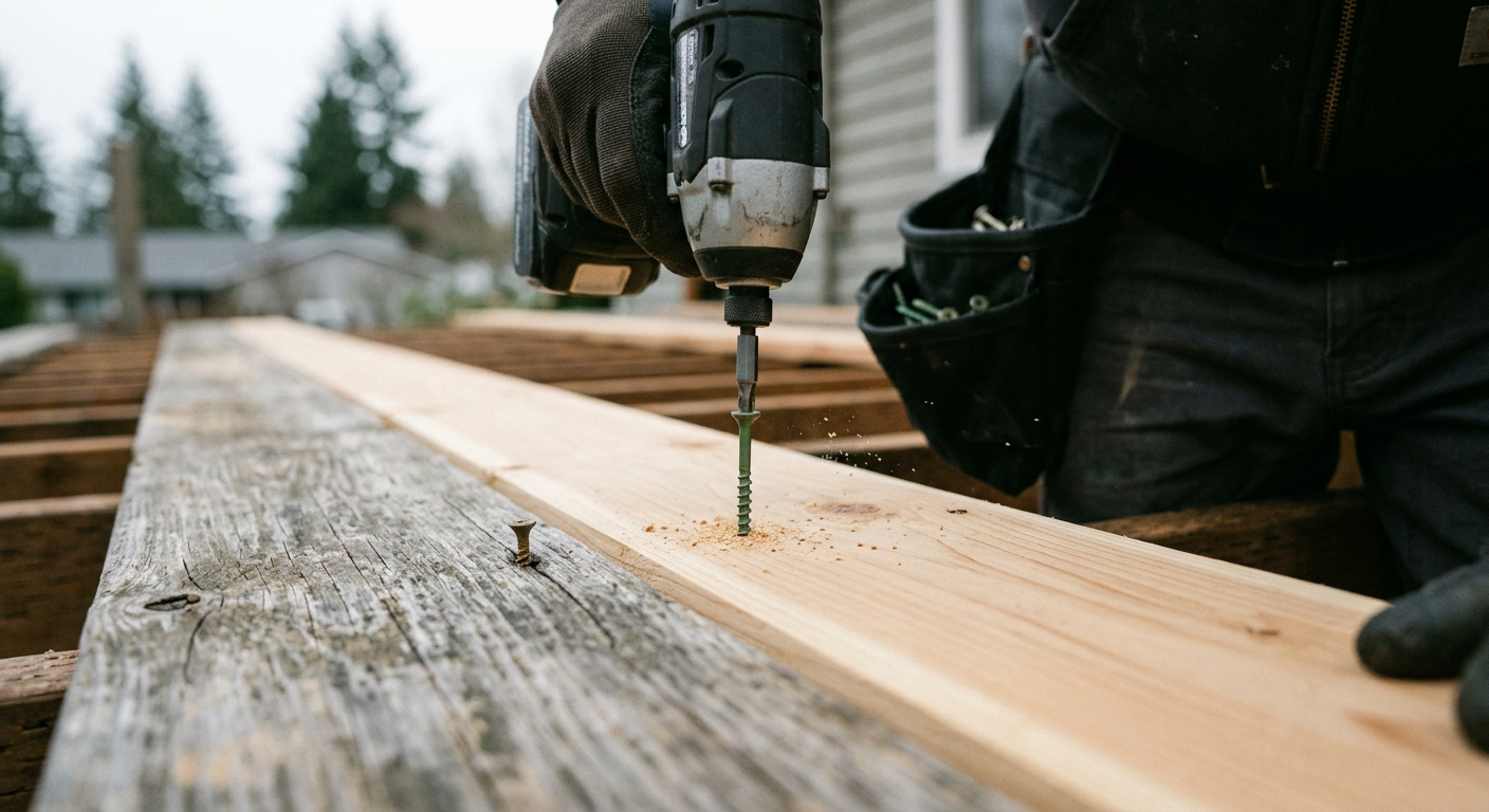 A handyman performing deck repairs on a cedar deck in Lake Forest Park, WA.