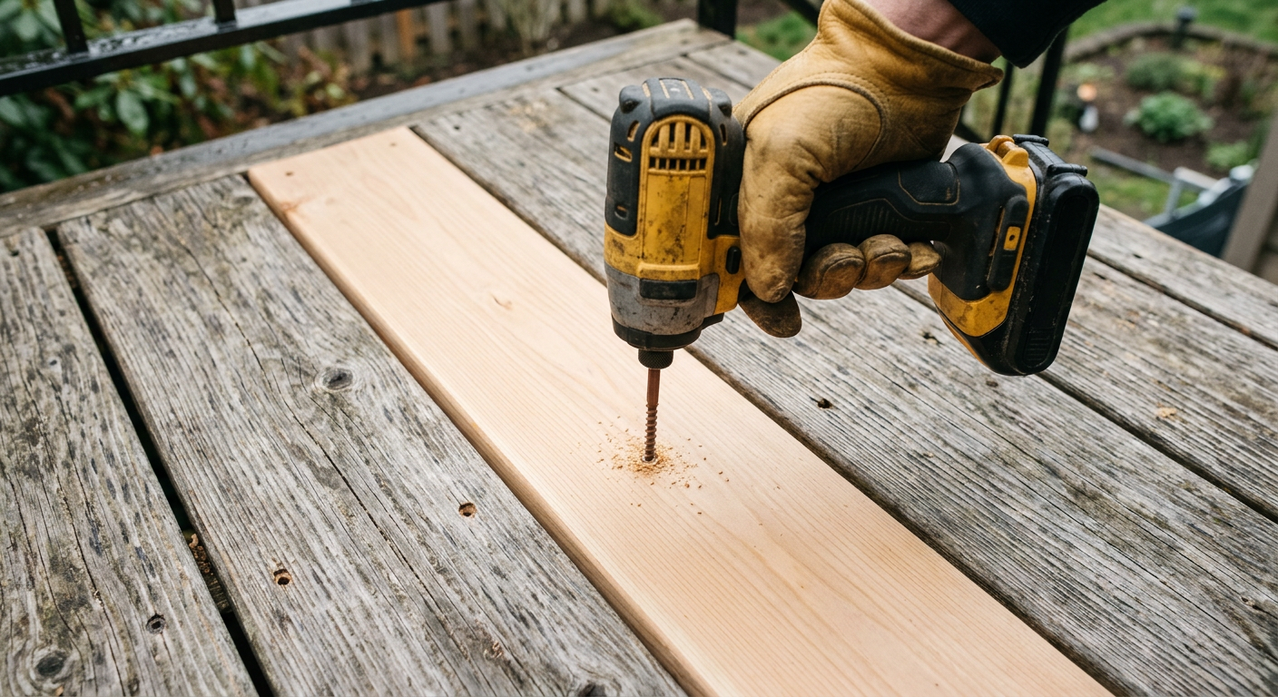 Close-up of a new deck board being installed during a deck repair in Lake Forest Park, WA.