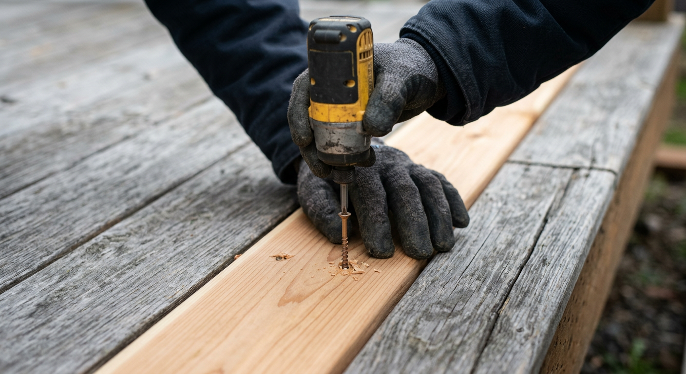 Replacing a rotten deck board on a home deck in Lake Forest Park, WA, before the fall rains.