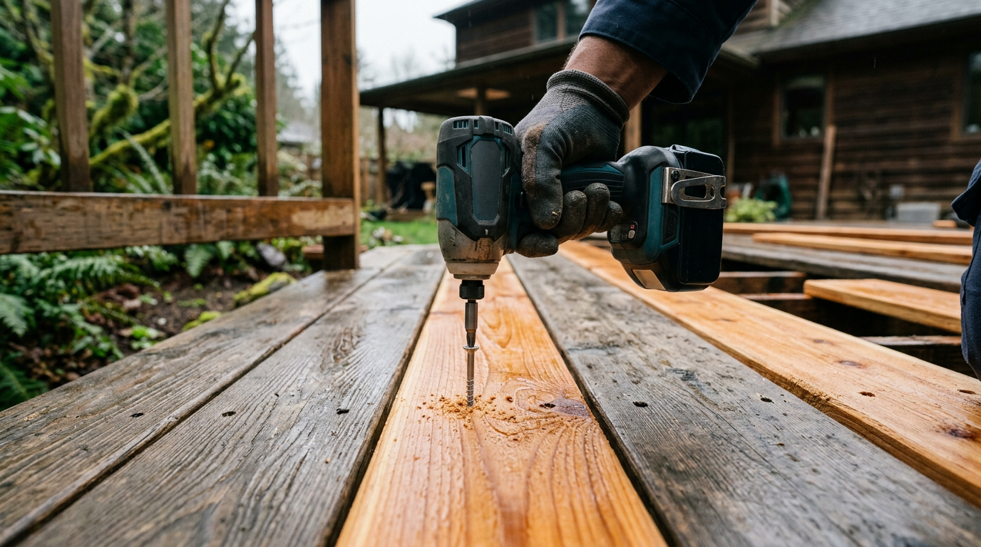 Close up on a new deck screw being installed during a deck repair on a home in Marysville, WA.