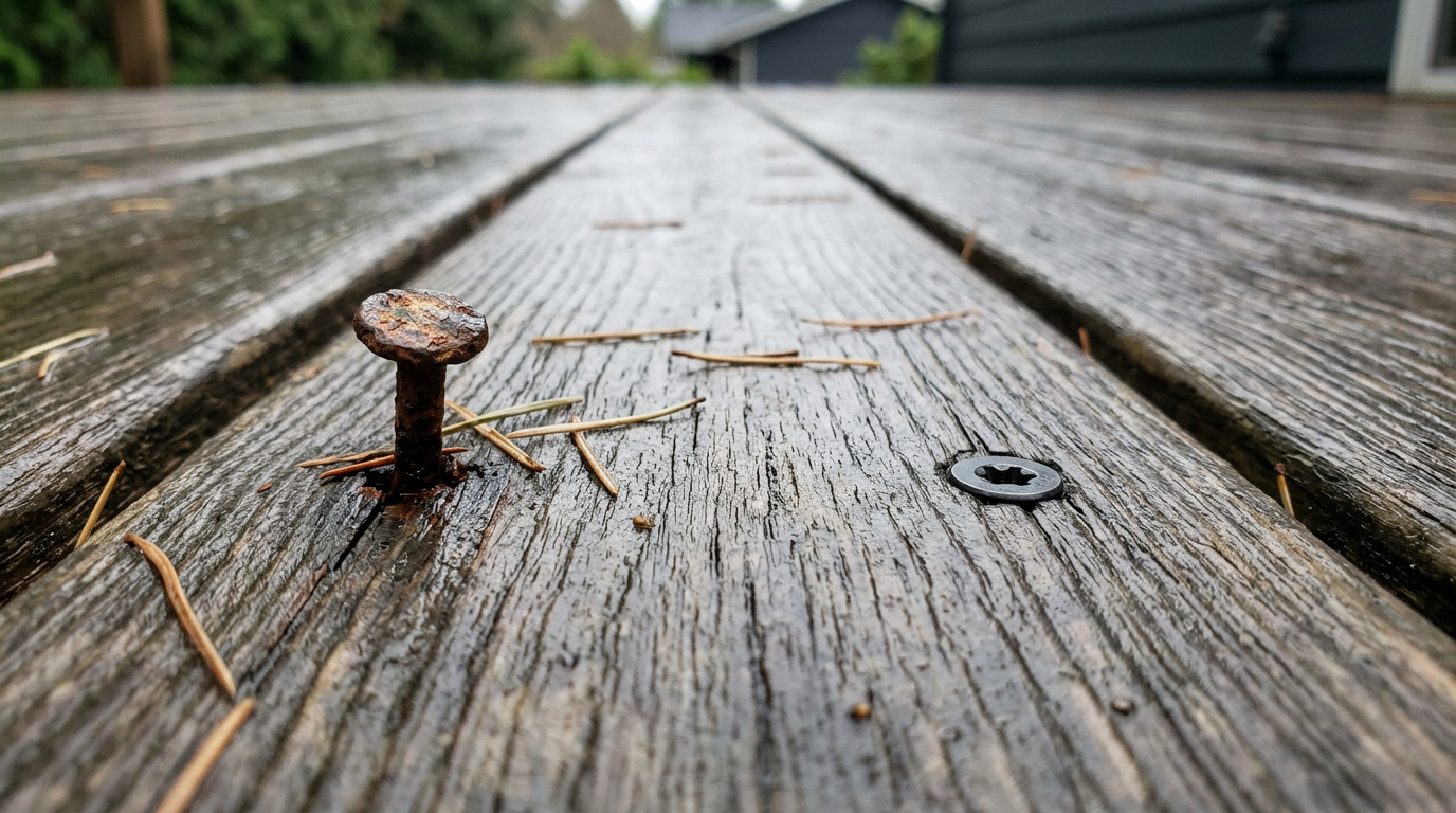 Close-up of a repaired deck board showing a new screw next to an old nail, a common deck repair in Marysville, WA.