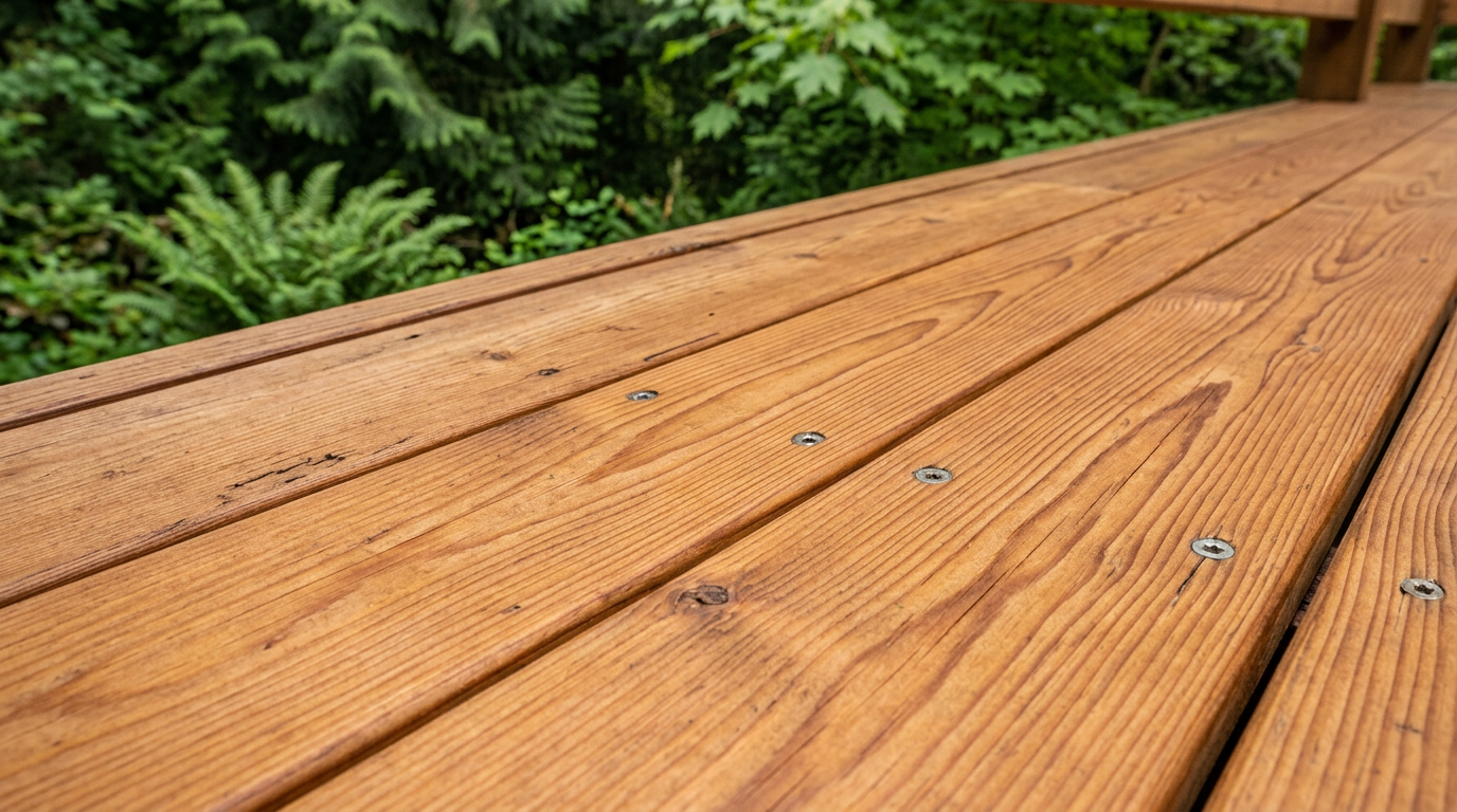 Close-up of a refinished deck board after deck repairs in Marysville, Washington, showing fresh stain and secure screws.