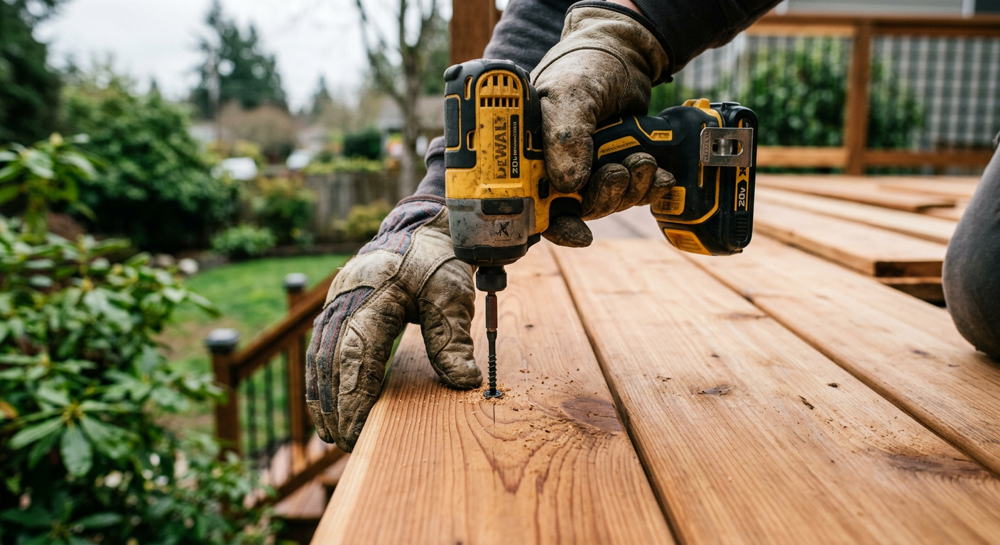 Close-up of a deck screw being installed into a new deck board during a professional deck repair in Marysville, WA.