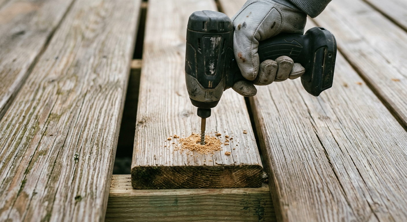 Close-up of a handyman performing deck repairs in Mountlake Terrace WA by screwing in a new board.