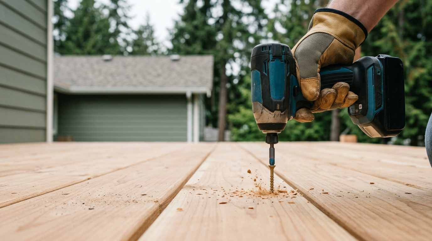 Close-up of a deck screw being driven into a new deck board during a deck repair in Mountlake Terrace, WA.