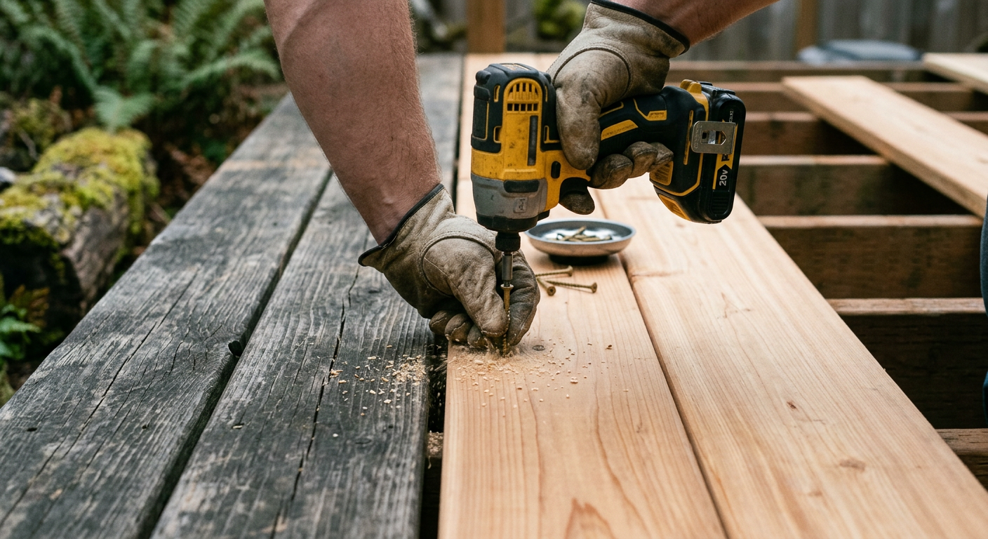Contractor performing deck repairs on a home in Mountlake Terrace, WA, by replacing a board.