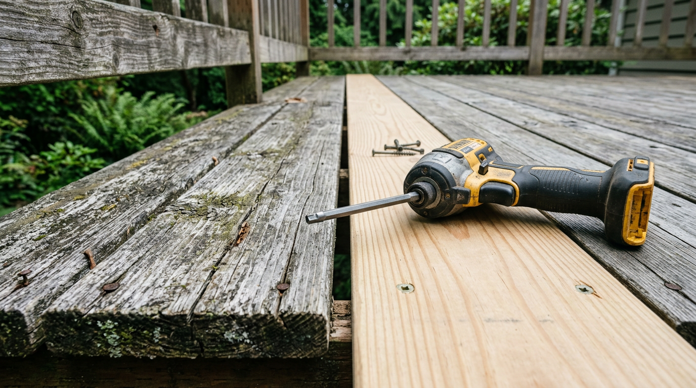 A new pressure-treated board installed next to an old, weathered one during a deck repair in Mountlake Terrace, WA.