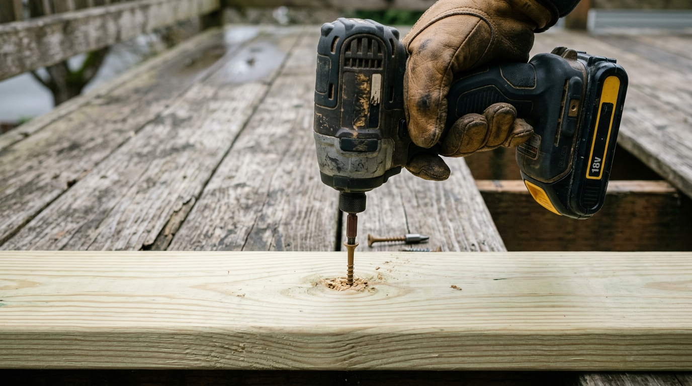A handyman installing a new board during a deck repair on a Seattle home.