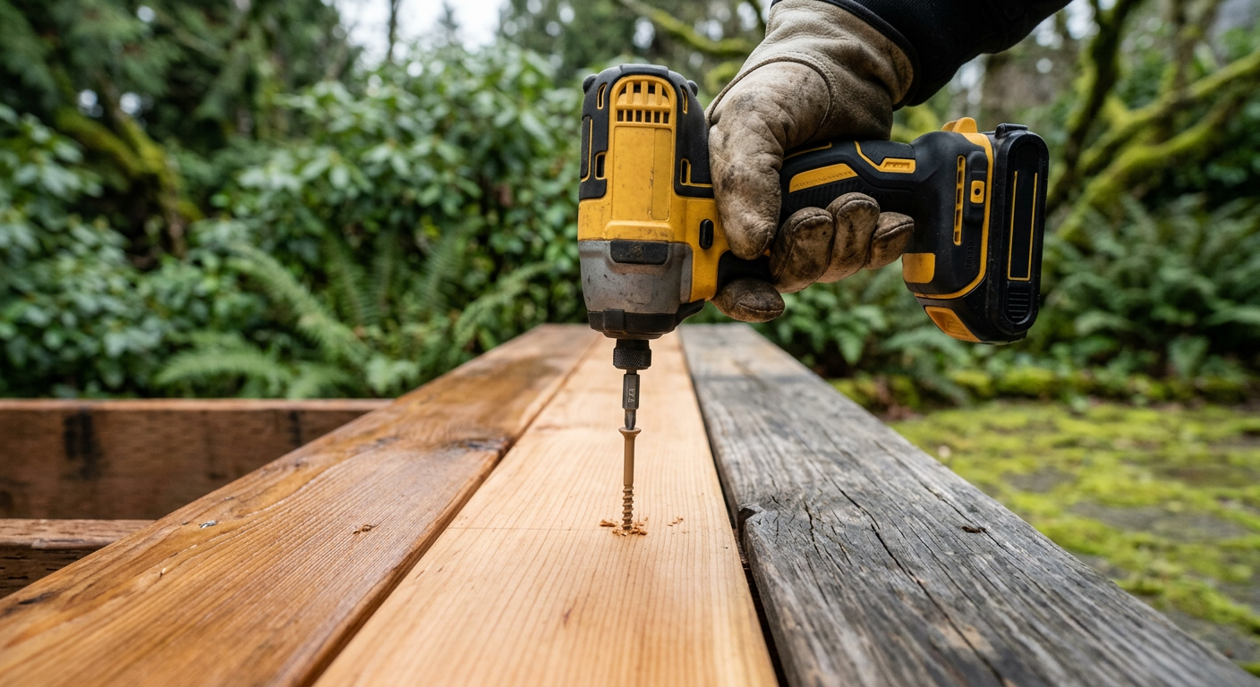 A handyman secures a new deck board with a coated screw during a deck repair in Seattle, WA.