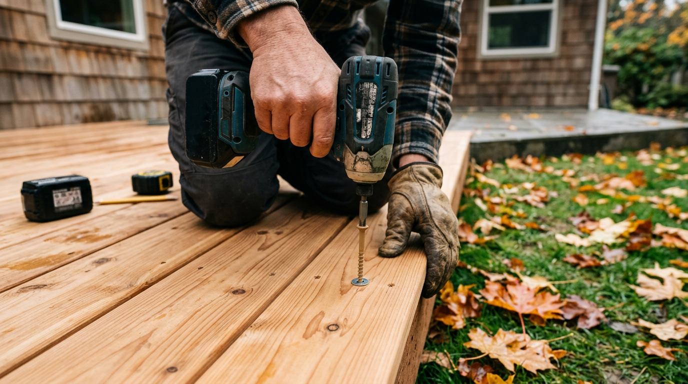 Professional carpenter driving exterior screws during deck repairs in Seattle WA