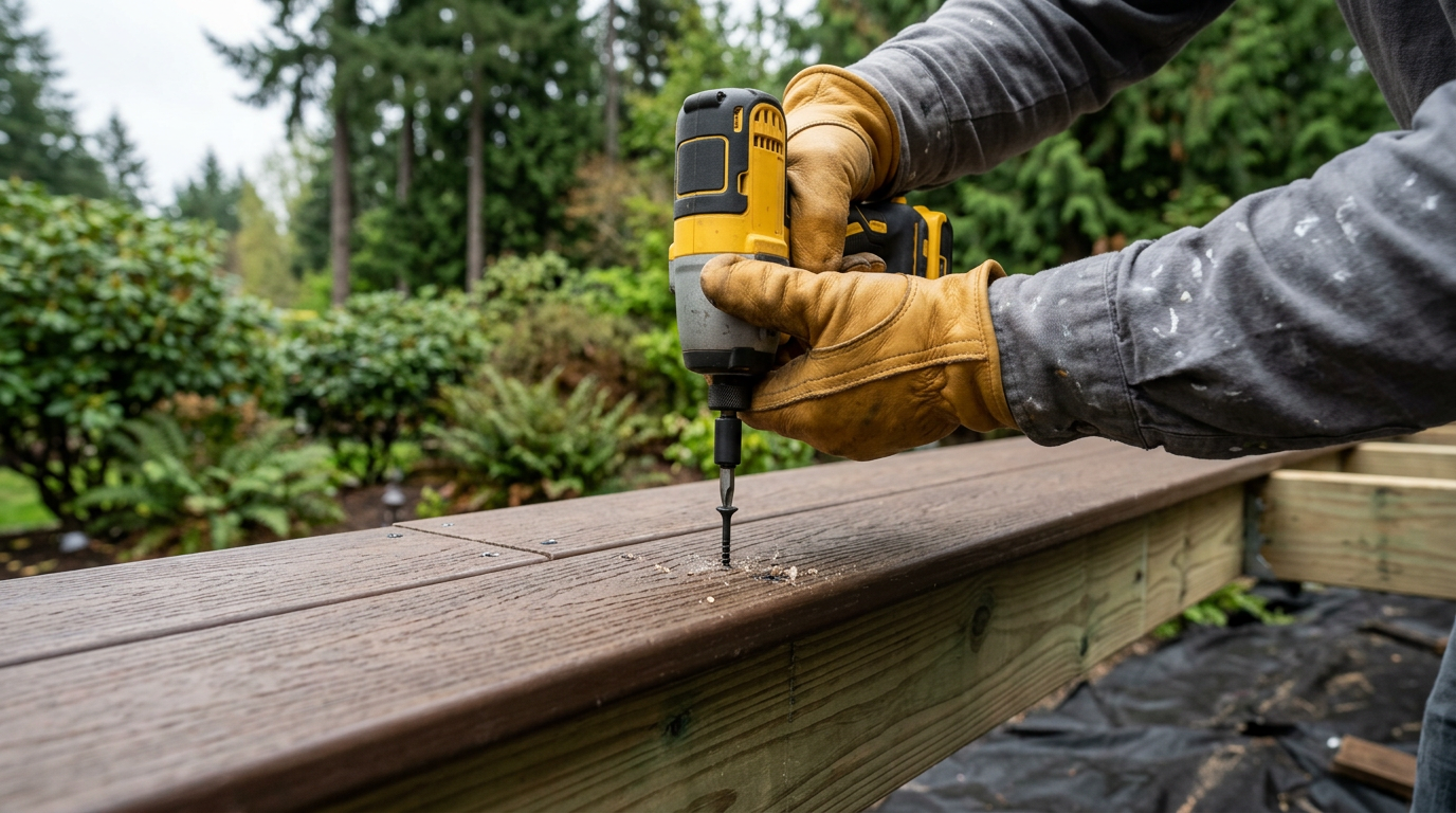 A handyman installs a new deck board on a home in Woodinville, WA, as part of a professional deck repair service.