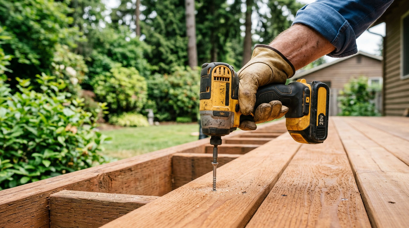 Replacing a cedar deck board in Woodinville WA with a new deck screw.