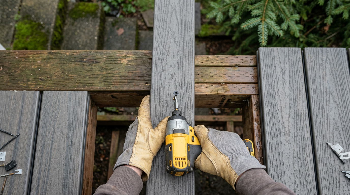 Contractor performing deck repairs on a home in Woodinville, WA by installing a new deck board.