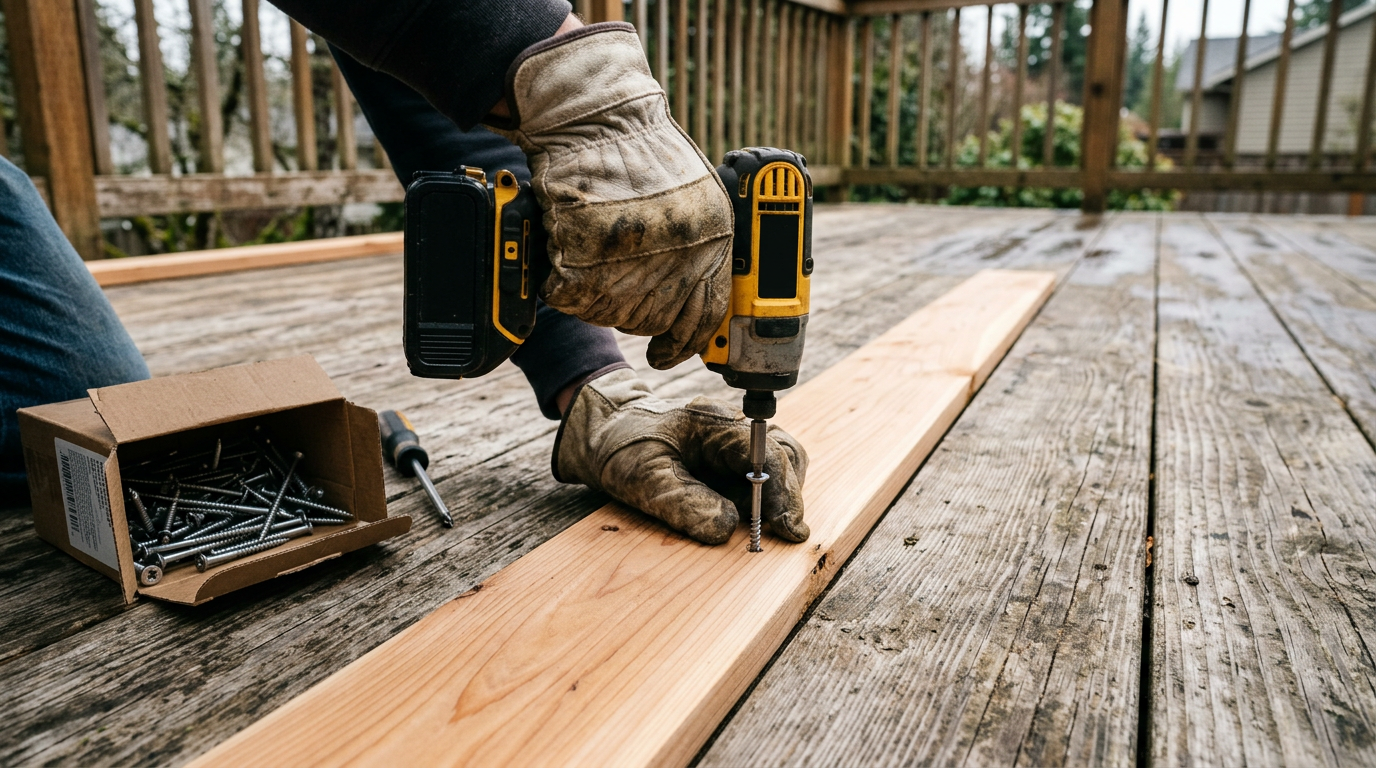 A carpenter performing deck repairs on a cedar deck in Woodinville, WA.