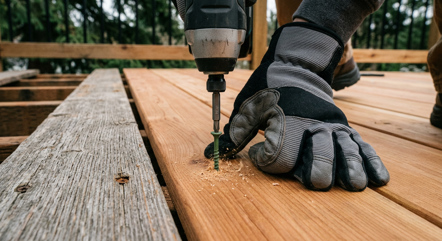 Close-up of a handyman performing deck repairs on a cedar deck in Woodinville, WA.