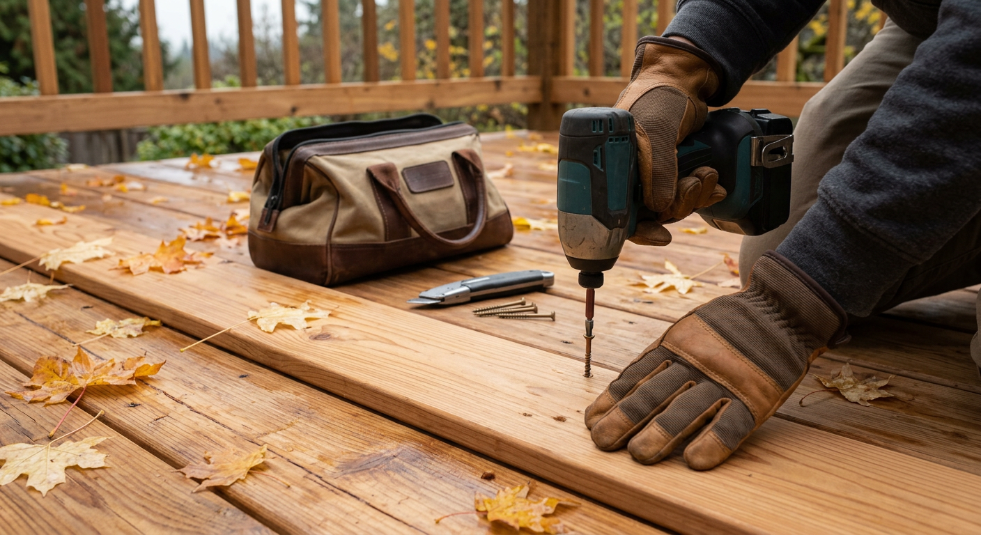 Contractor replacing a damaged cedar deck board with an impact driver on a home in Woodinville WA during fall